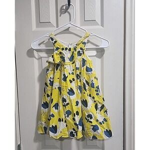 Catimini Girls 4 Yellow Abstract Floral Bird Print Summer Dress Cotton